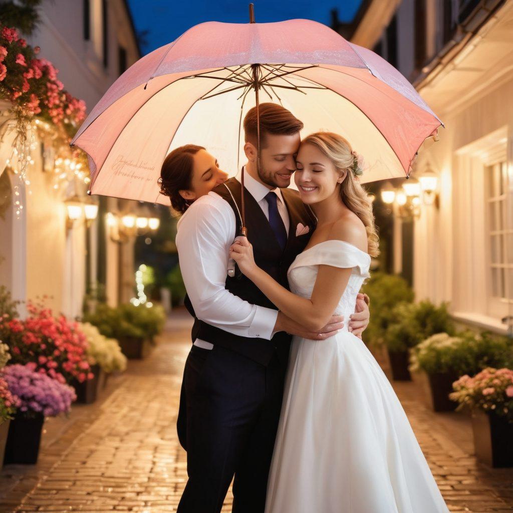 A beautifully dressed couple in elegant formal attire, standing together in a picturesque outdoor setting. They hold an umbrella adorned with event insurance certificates, surrounded by soft glowing lights and delicate flower arrangements. The scene captures a sense of joy and protection over fleeting moments, symbolizing the importance of safeguarding memories. super-realistic. vibrant colors. romantic ambiance.