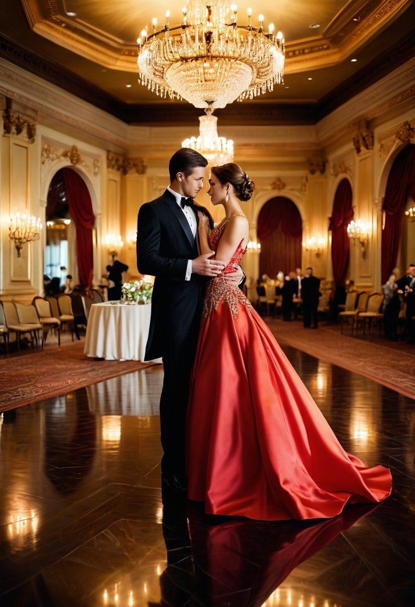 A dramatic scene showcasing the elegance of formal wear, featuring a well-dressed couple adjusting their attire in a lavish ballroom. The setting exudes sophistication with luxurious chandeliers and a polished dance floor, while a discreet insurance policy document lies on a nearby table, symbolizing the theme of risk management. Capture the essence of celebration blended with the importance of protection. super-realistic. vibrant colors. elegant interior design.