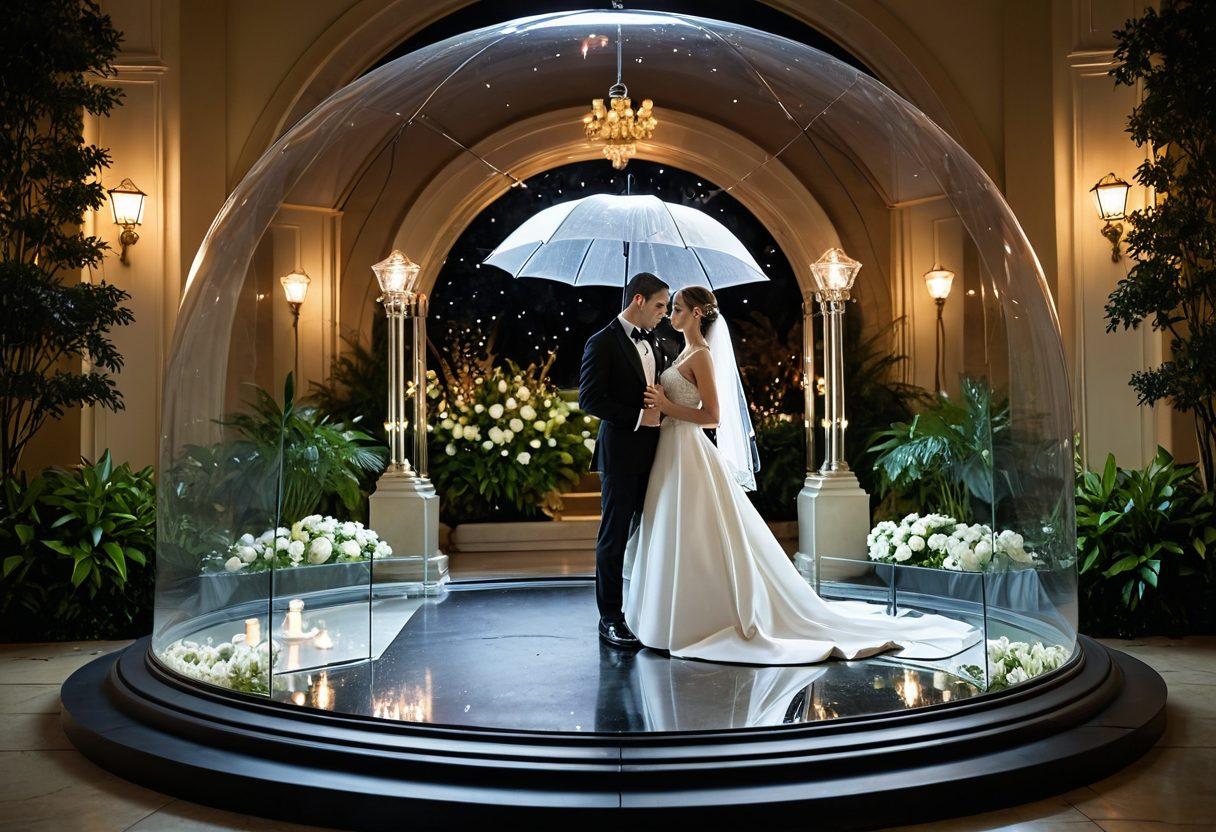 A sophisticated scene featuring a dazzling wedding dress and a sleek tuxedo displayed under an elegant, protective glass dome, surrounded by symbolic elements like an umbrella, a shield, and a calendar. The backdrop should convey a serene, outdoor event setting with soft lighting and decorations hinting at festivities. Include subtle references to insurance like a policy document peeking from under the glass dome. super-realistic. vibrant colors. elegant atmosphere.
